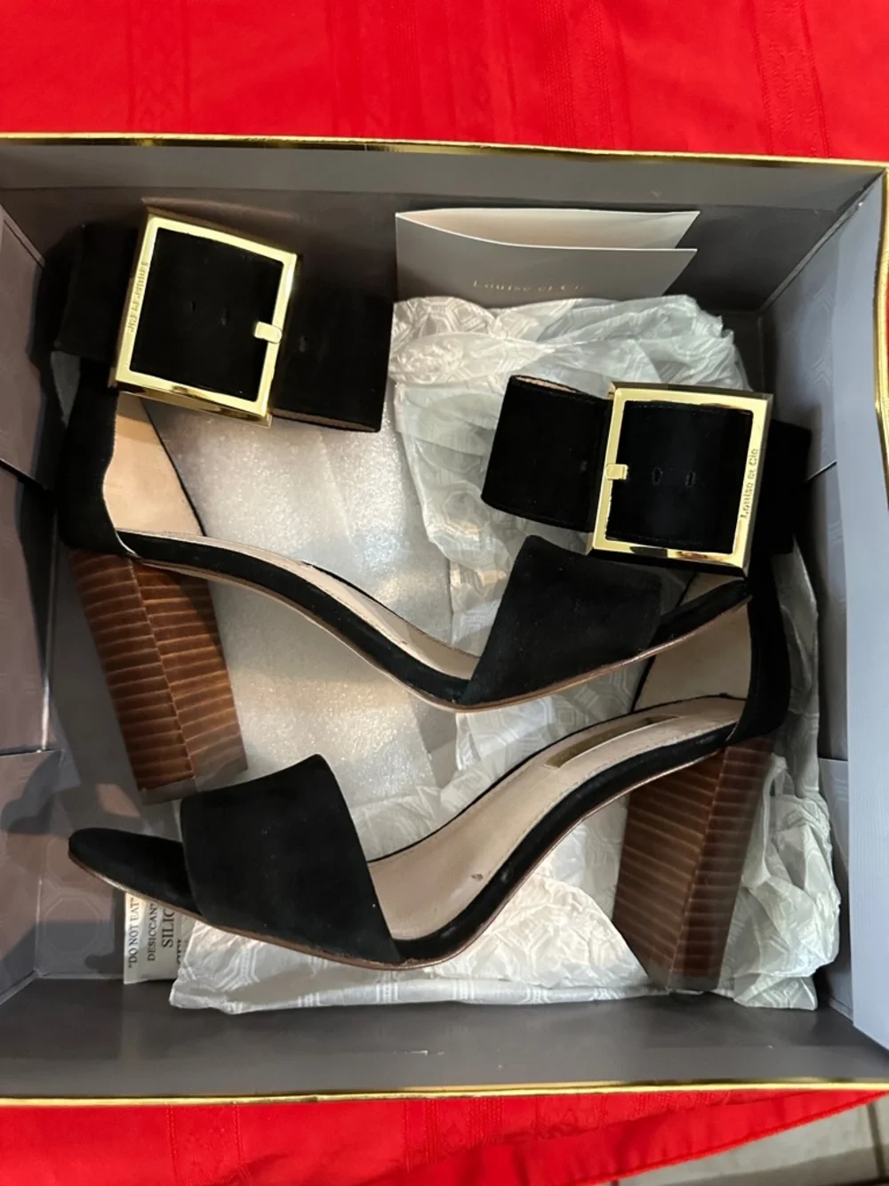 Louise et Cie Black Suede Ankle-Strap Block Heels with Gold Buckle Size 6